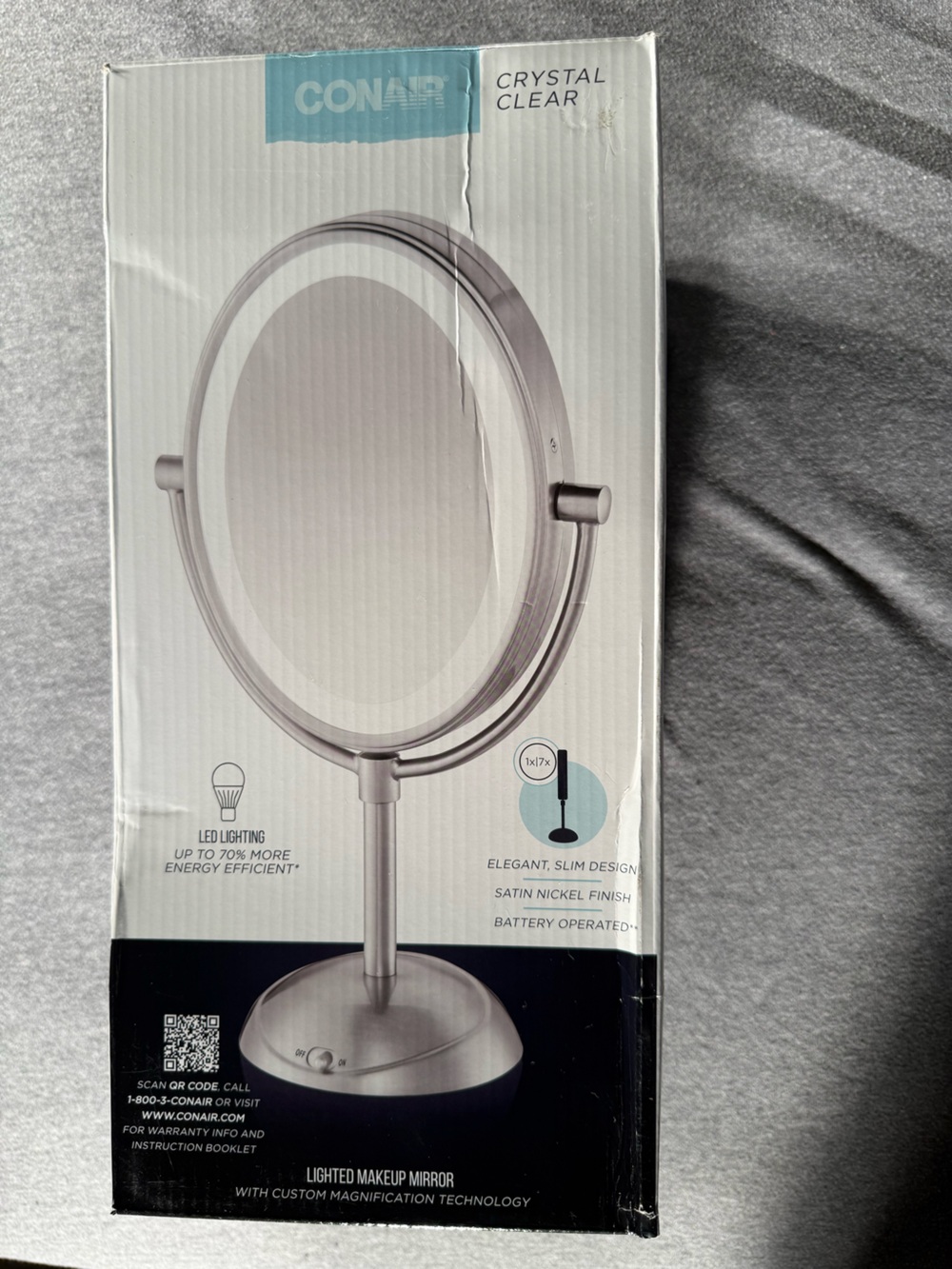 NIB Conair Crystal Clear LED Lighted Makeup Mirror 1x/7x Satin Nickel BE157